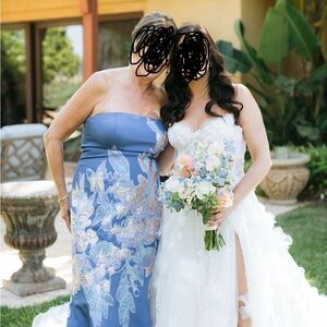 Elegant Blue & appliqué Lotus Threads mother of the bride dress.